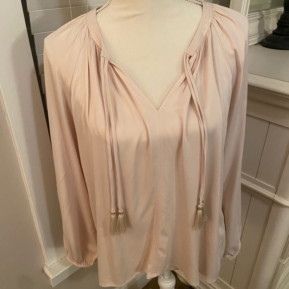 Johnny Was Calme Peasant Silky Blouse Champagne Tassel Top Boho Small